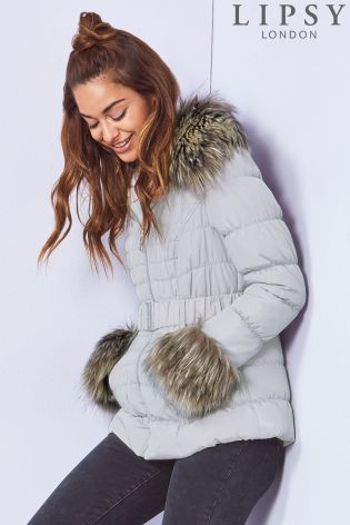 Lipsy Silver Faux Fur Trim Puffer